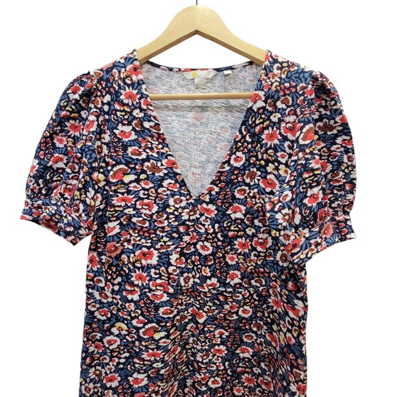 Boden V-neck Floral Mini Dress Cotton Short Puff Sleeves  Blue Red Women’s 8L - Picture 16 of 17